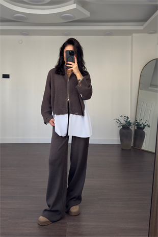 Poplin Gömlek Detaylı Triko Takım-Vizon