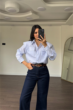 Premium Vatkalı Çizgili Gömlek-Mavi