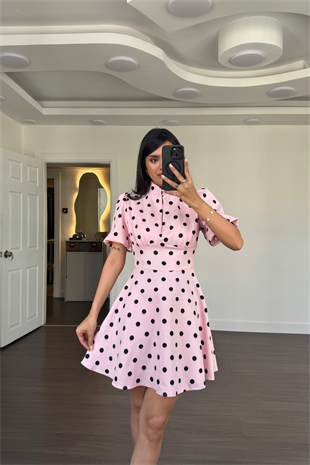 Puantiyeli Balon Kol Elbise-Pembe