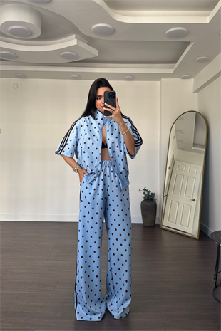 Puantiyeli Beli Lastikli Pantolon Takım-Mavi