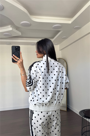 Puantiyeli Beli Lastikli Pantolon Takım-Beyaz