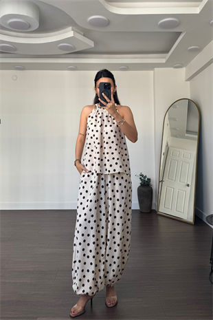 Puantiyeli Halter Yaka Bluz Şalvar Pantolon Takım-Bej