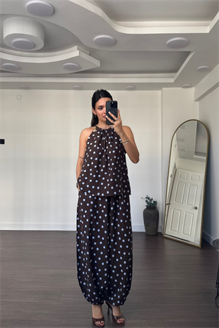 Puantiyeli Halter Yaka Bluz Şalvar Pantolon Takım-Mavi