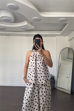 Puantiyeli Halter Yaka Bluz Şalvar Pantolon Takım-Bej