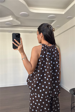 Puantiyeli Halter Yaka Bluz Şalvar Pantolon Takım-Mavi