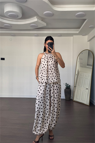 Puantiyeli Halter Yaka Bluz Şalvar Pantolon Takım-Bej