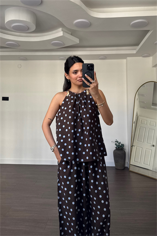 Puantiyeli Halter Yaka Bluz Şalvar Pantolon Takım-Mavi