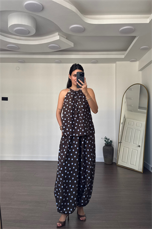 Puantiyeli Halter Yaka Bluz Şalvar Pantolon Takım-Mavi