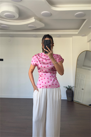 Puantiyeli Kayık Yaka Saten Bluz-Pembe