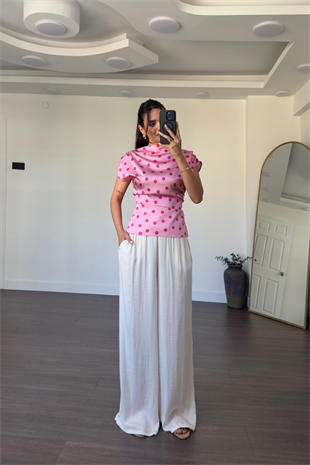 Puantiyeli Kayık Yaka Saten Bluz-Pembe