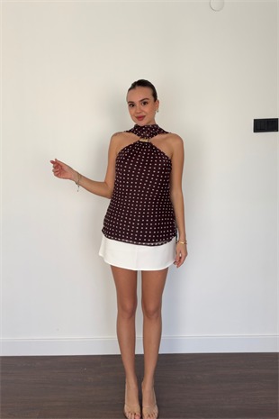 Puantiyeli Sırt Dekoteli Bluz-Kahve