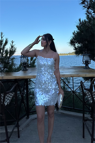 Pullu Payetli Elbise-Beyaz