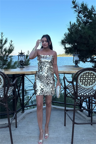 Pullu Payetli Elbise-Gold