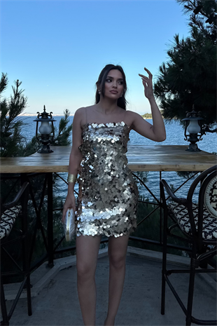 Pullu Payetli Elbise-Gold
