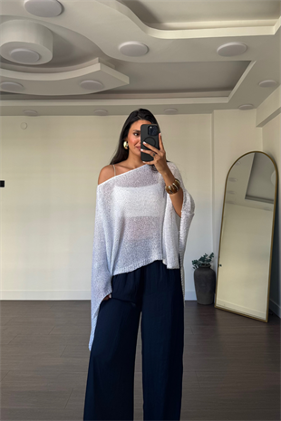 Pullu Pelerin Bluz-Beyaz