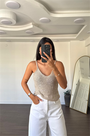 Pullu Triko Askılı Bluz-Bej