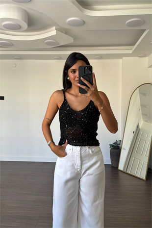 Pullu Triko Askılı Bluz-Siyah