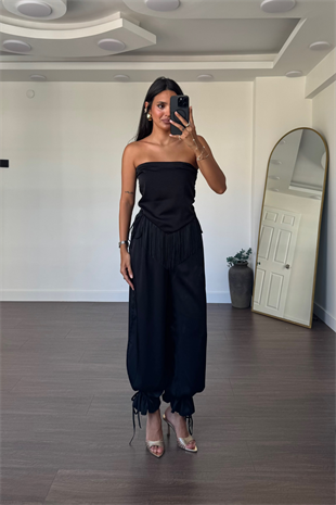 Püskül Detaylı Bluz Pantolon Takım-Siyah