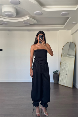 Püskül Detaylı Bluz Pantolon Takım-Siyah