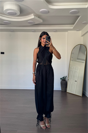 Püskül Detaylı Bluz Pantolon Takım-Siyah