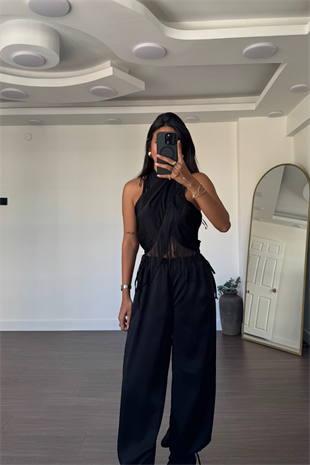 Püskül Detaylı Bluz Pantolon Takım-Siyah