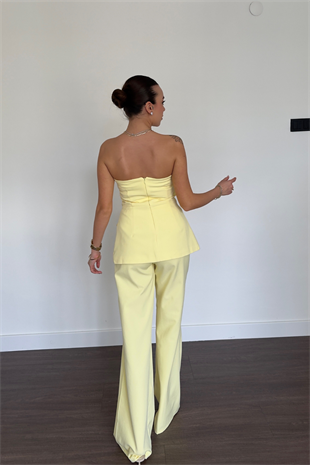 Sarı Cep Detaylı  Straplez Pantolon Takım