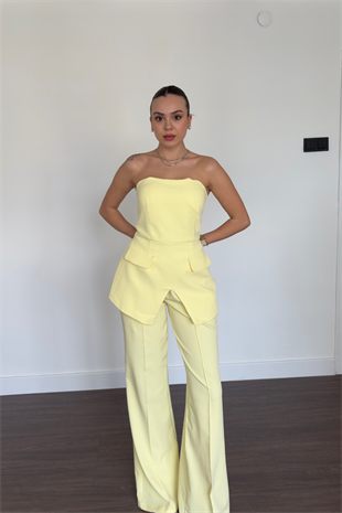 Sarı Cep Detaylı  Straplez Pantolon Takım