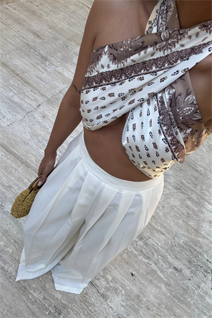 Saten Desenli Crop Bluz-Bej