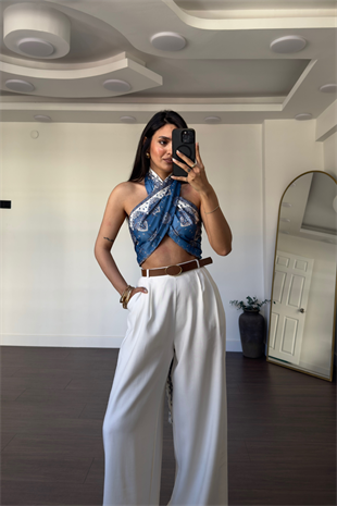 Saten Desenli Crop Bluz-Mavi
