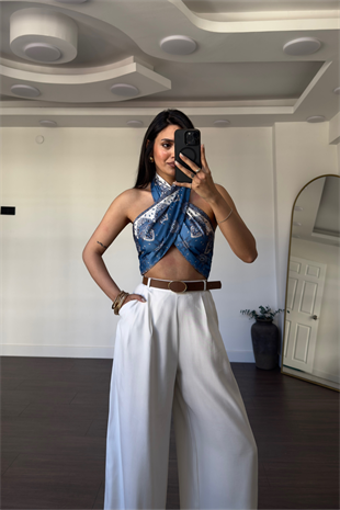 Saten Desenli Crop Bluz-Mavi