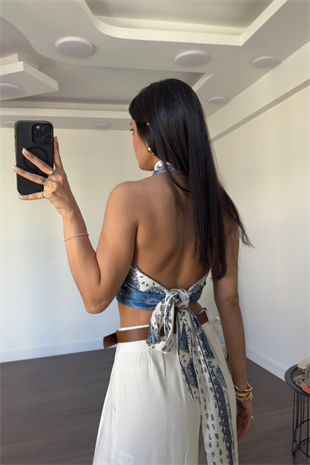 Saten Desenli Crop Bluz-Mavi