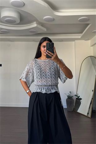 Simli Beli Bağlamalı Ajurlu Triko Bluz-Gümüş