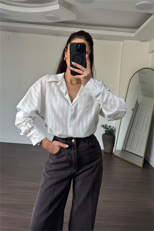 Simli Şeritli Gömlek-Beyaz