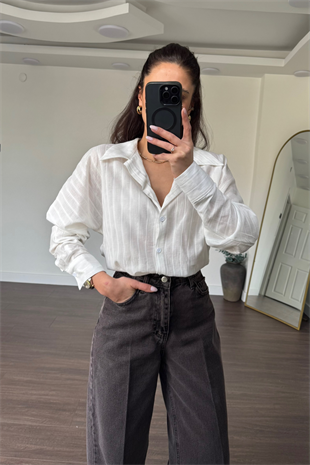 Simli Şeritli Gömlek-Beyaz