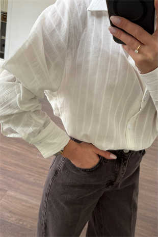 Simli Şeritli Gömlek-Beyaz