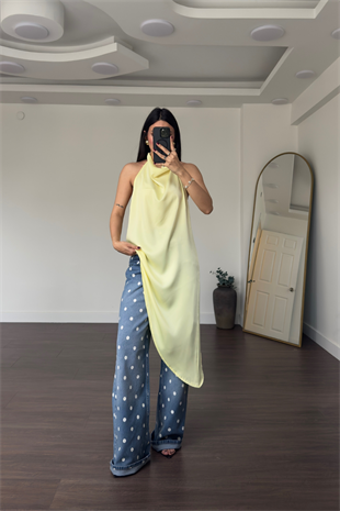 Sırt Dekolteli Asimetrik Saten Bluz-Sarı