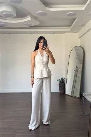 Sırt Dekolteli Keten Takım-Bej