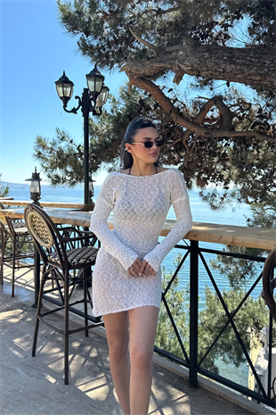 Sırt Dekolteli Plaj Elbisesi-Ekru