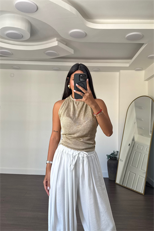 Sırt Dekolteli Simli Bluz-Gold