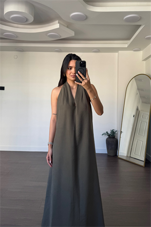 Sırt Detaylı Elbise-Haki