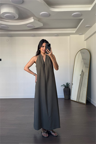 Sırt Detaylı Elbise-Haki
