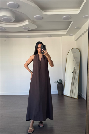 Sırt Detaylı Elbise-Kahve