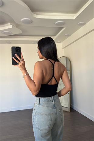 Sırtı Çarpraz Askılı Bodysuit-Siyah