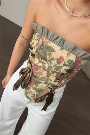 Straplez Desenli Büstiyer-Haki