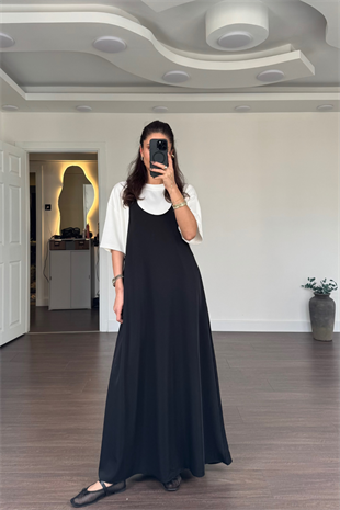 T-shirt Detaylı Kalın Askılı Elbise-Siyah