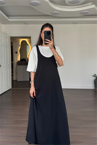 T-shirt Detaylı Kalın Askılı Elbise-Siyah