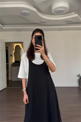 T-shirt Detaylı Kalın Askılı Elbise-Siyah