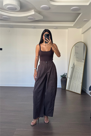 Taş Detaylı Pantolon-Kahve
