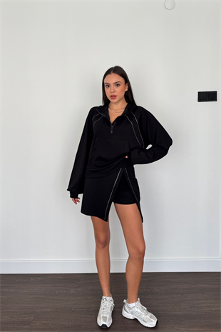 Taş Detaylı Şort Etek Sweat Takım