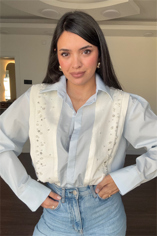 Taş Detaylı Tasarım Gömlek-Mavi